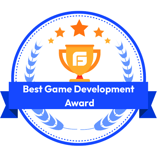 A blue and gold circular award with a trophy icon and the text 'Best Game Development Award