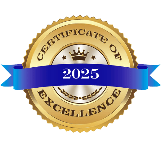 A gold seal award with a crown, a ribbon displaying '2025', and the text 'Certificate of Excellence'.