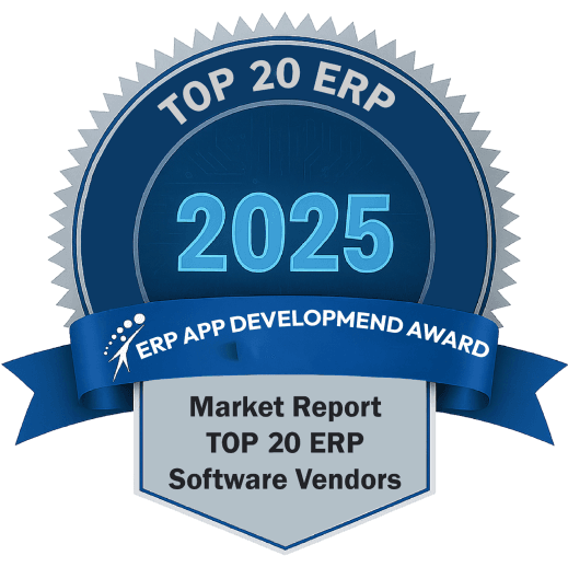 A dark blue award badge with 'TOP 20 ERP 2025', a ribbon stating 'ERP App Development Award.