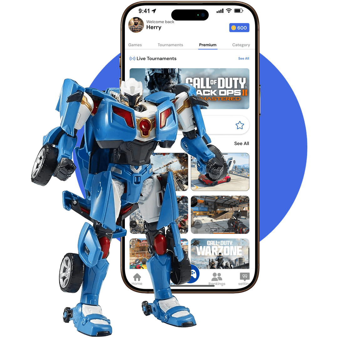 Game development app interface displaying 3D animated characters, showcasing cutting-edge mobile gaming technology and interactive gameplay design.