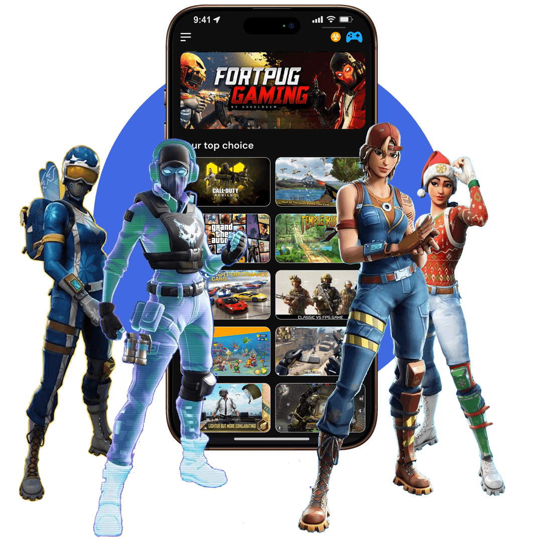 Mobile app featuring Fortpug Gaming with 3D characters, highlighting advanced game development, immersive design, and interactive gaming experiences.