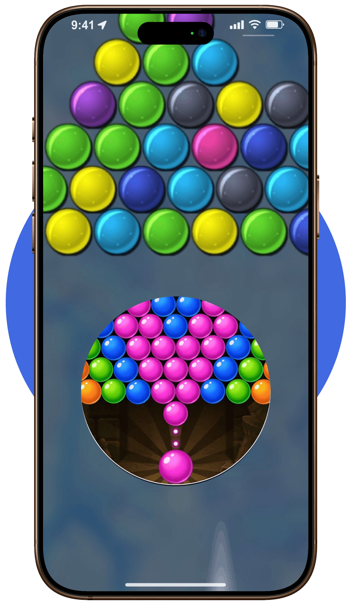 Colorful bubble game app interface showcasing engaging gameplay and creative design, representing fun and interactive mobile game development services.