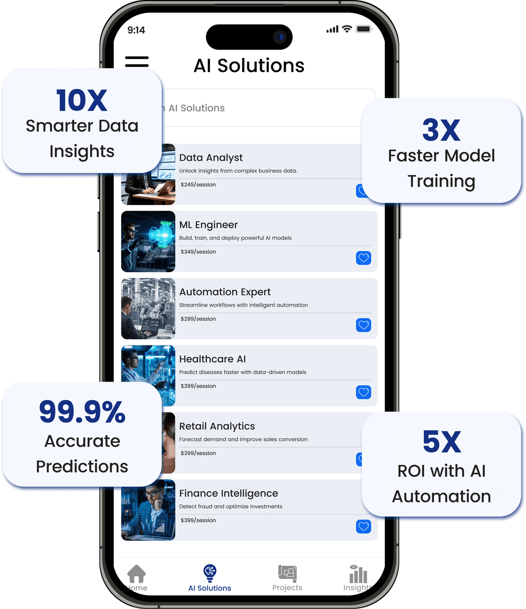 Mobile app UI displaying AI Solutions like data analytics, ML, automation, and finance intelligence, featuring 10X smarter insights, 3X faster training, 99.9% accuracy, and 5X ROI with AI automation.